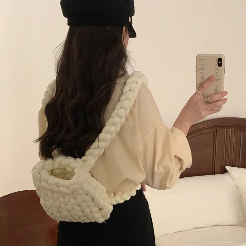 Women Wool Knitted Backpack Crochet Handbag Shoulder Purse Candy Bag