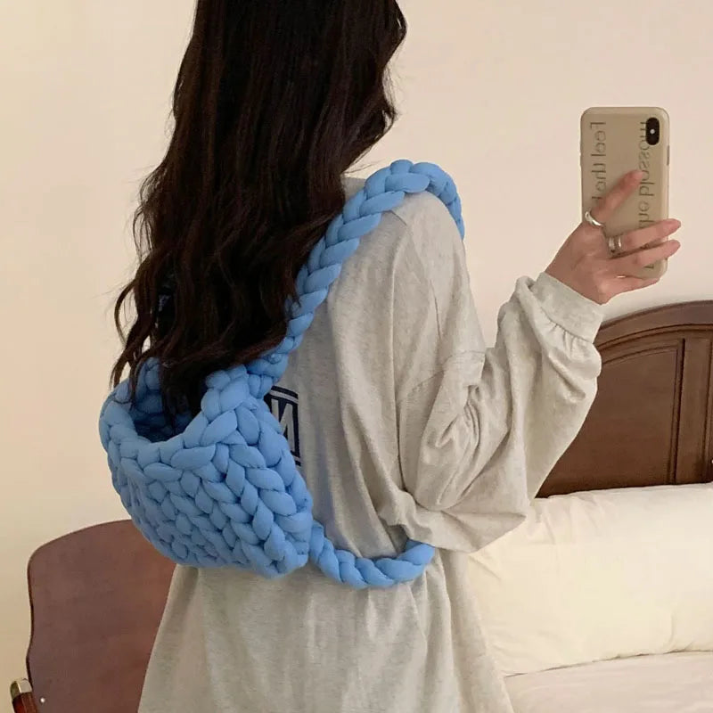 Women Wool Knitted Backpack Crochet Handbag Shoulder Purse Candy Bag