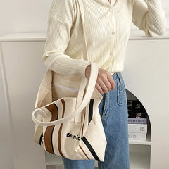 Striped Cotton Canvas Tote Bag Letter Printing Handbag