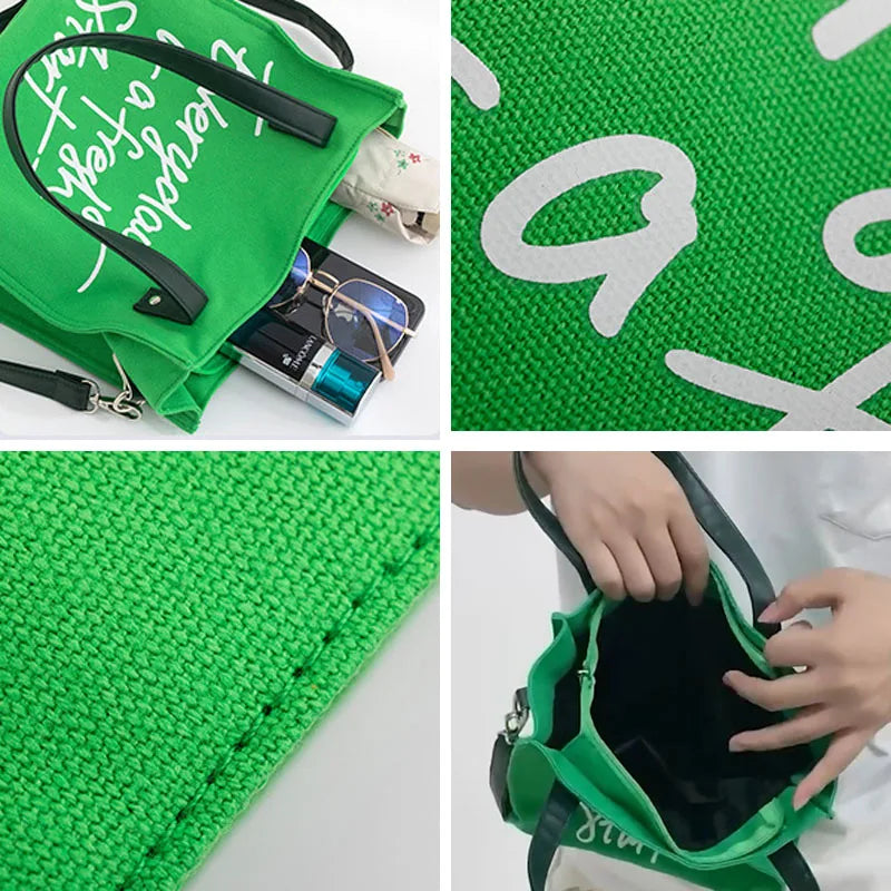 Women's Canvas Tote Cotton Shoulder Bag Letter Printed Square Messenger Bag