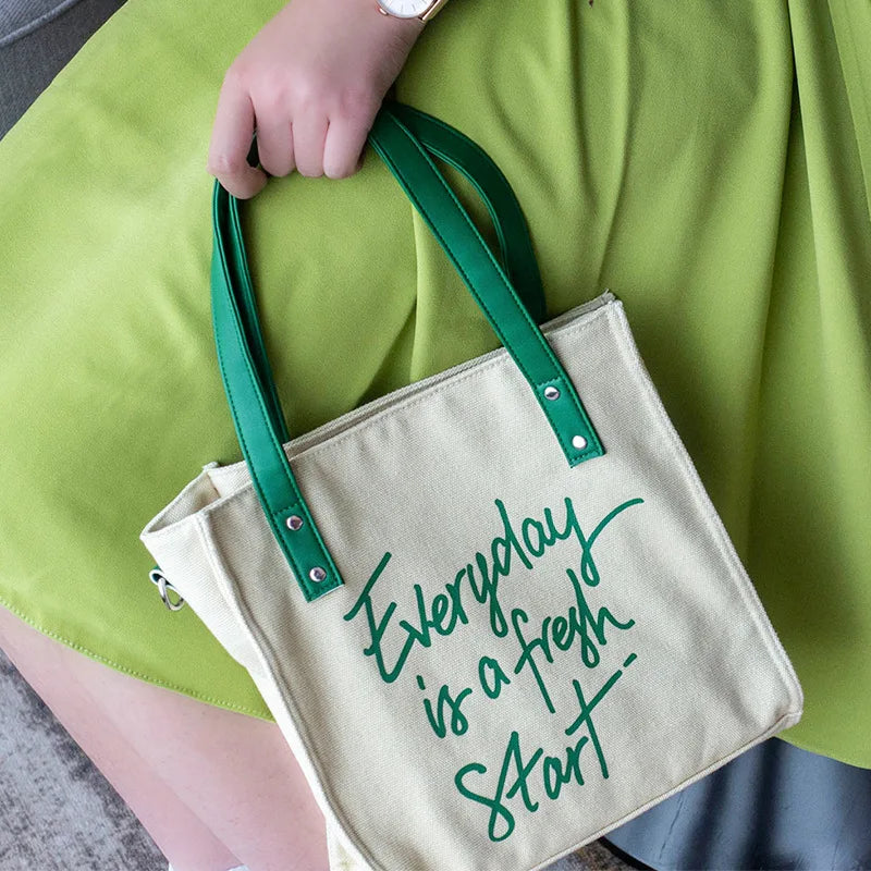 Women's Canvas Tote Cotton Shoulder Bag Letter Printed Square Messenger Bag