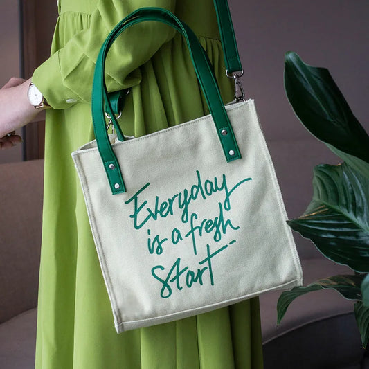 Women's Canvas Tote Cotton Shoulder Bag Letter Printed Square Messenger Bag