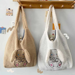 Women's Rabbit Shoulder Bag Plush Tote Embroidered Handbag