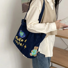 Women's Denim Shoulder Bag Embroidered Handbag Purse Tote with Outer Pocket