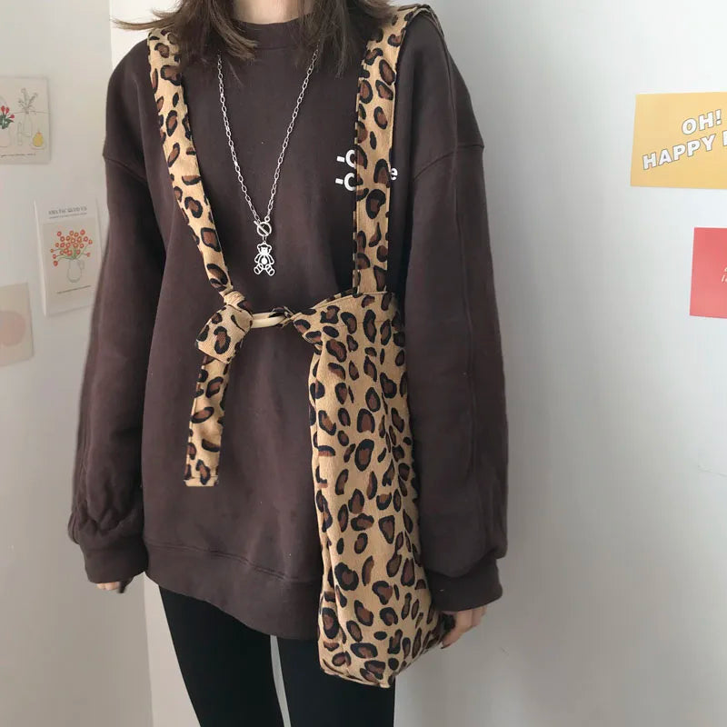 Leopard Print Corduroy Shoulder Bag Large Capacity Totes