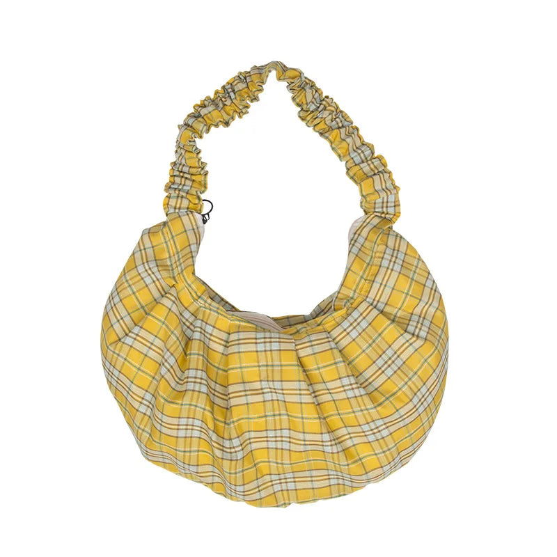 Yellow Checkered Handbag Ruched Handle Purse With Zipper