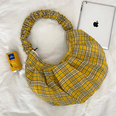 Yellow Checkered Handbag Ruched Handle Purse With Zipper