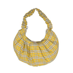 Yellow Checkered Handbag Ruched Handle Purse With Zipper