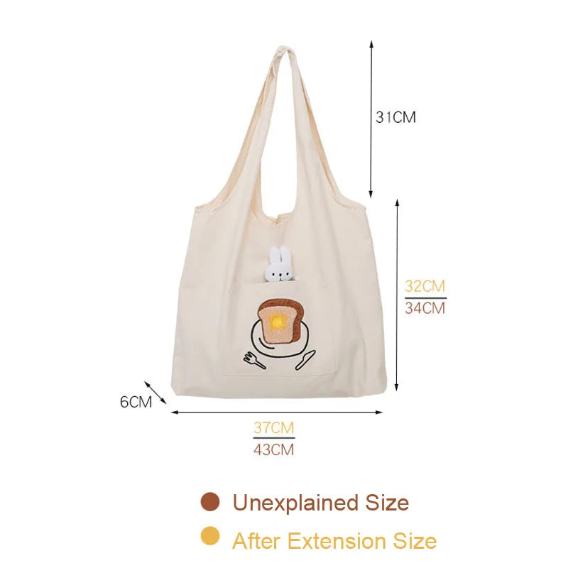 Women's Shoulder Cotton Canvas Bag with Rabbit Pendant Large Capacity Tote