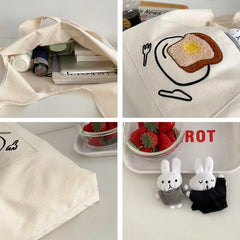 Women's Shoulder Cotton Canvas Bag with Rabbit Pendant Large Capacity Tote