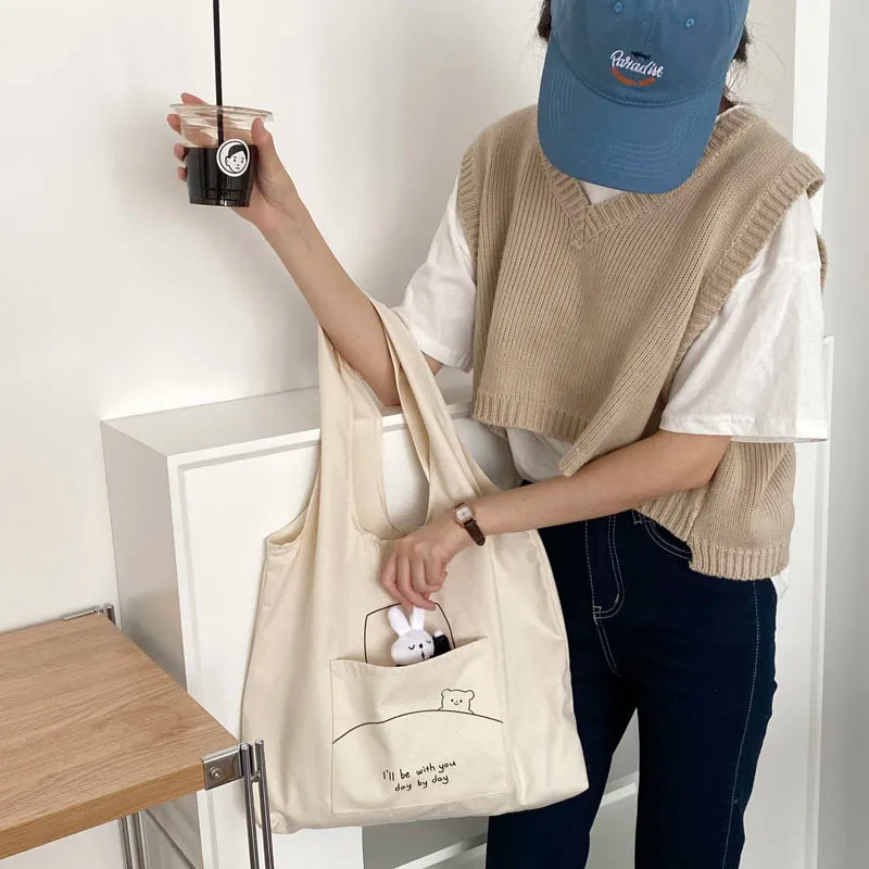 Women's Shoulder Cotton Canvas Bag with Rabbit Pendant Large Capacity Tote