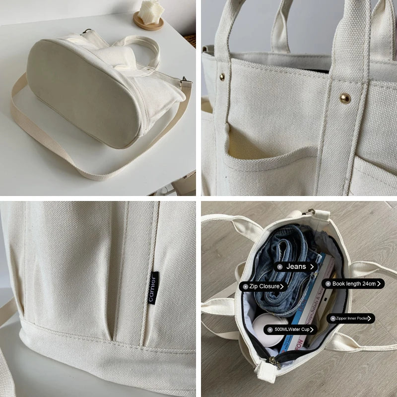 Women's Thick Canvas Tote Messenger Bag Zipper Closure