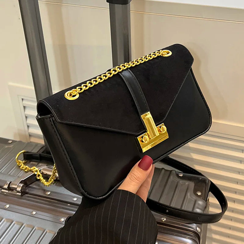 INS Women Patchwork Chain Suede Axillary Bags Handbags And Purses