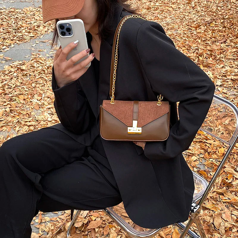 INS Women Patchwork Chain Suede Axillary Bags Handbags And Purses