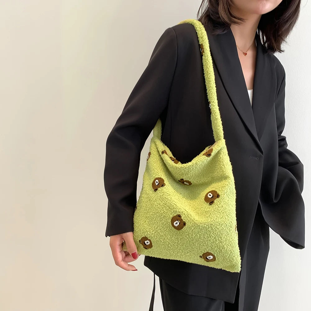Winter Bear Print Shoulder Bag Plush Crossbody Bags