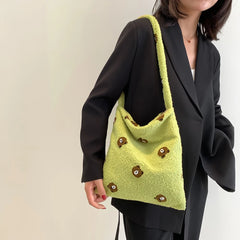 Winter Bear Print Shoulder Bag Plush Crossbody Bags