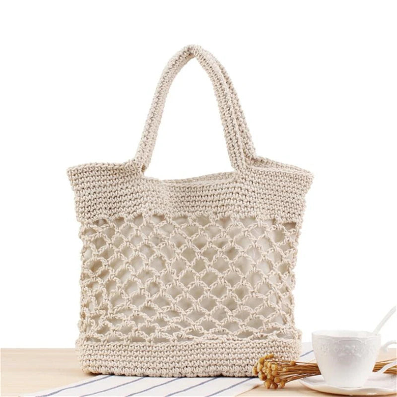 Portable Foldable Beach Bag for Women Solid Cotton Crochet Straw Bag