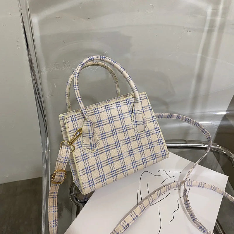 Plaid Tote Bag Women PU Leather Handbag Shoulder Crossbody Travel Purse