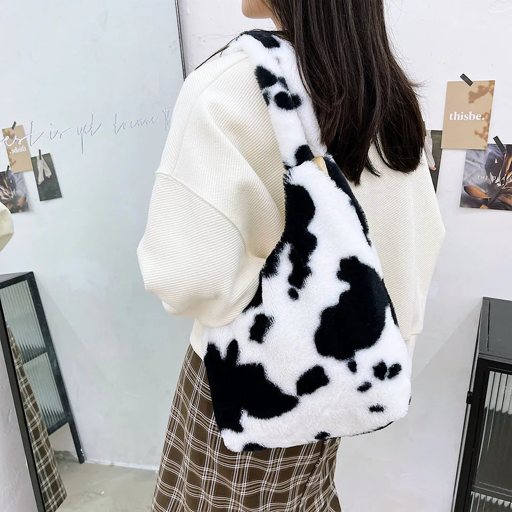 Women Plush Flower Pattern Shoulder Bags Leopard Cow Print Bucket Bags