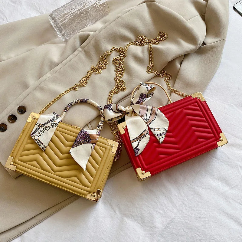 Solid Box Bag Silk Scarf Decoration Chain Messenger Dinner Bag