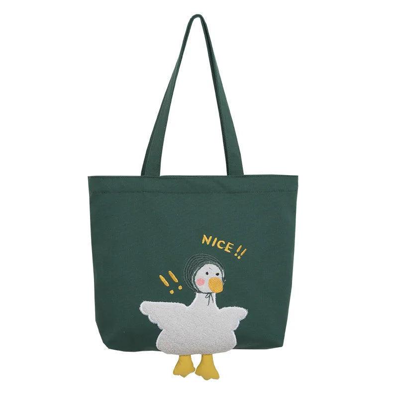 Duck Embroidery Canvas Tote Bag Soft Shoulder Work Handbag for Women