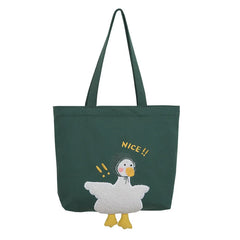 Duck Embroidery Canvas Tote Bag Soft Shoulder Work Handbag for Women