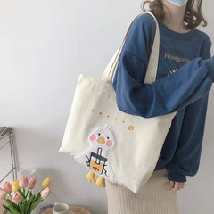 Duck Embroidery Canvas Tote Bag Soft Shoulder Work Handbag for Women