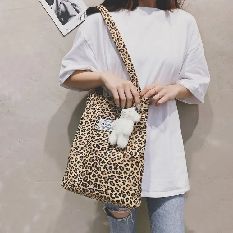 Leopard Print Canvas Shoulder Bag for Girls