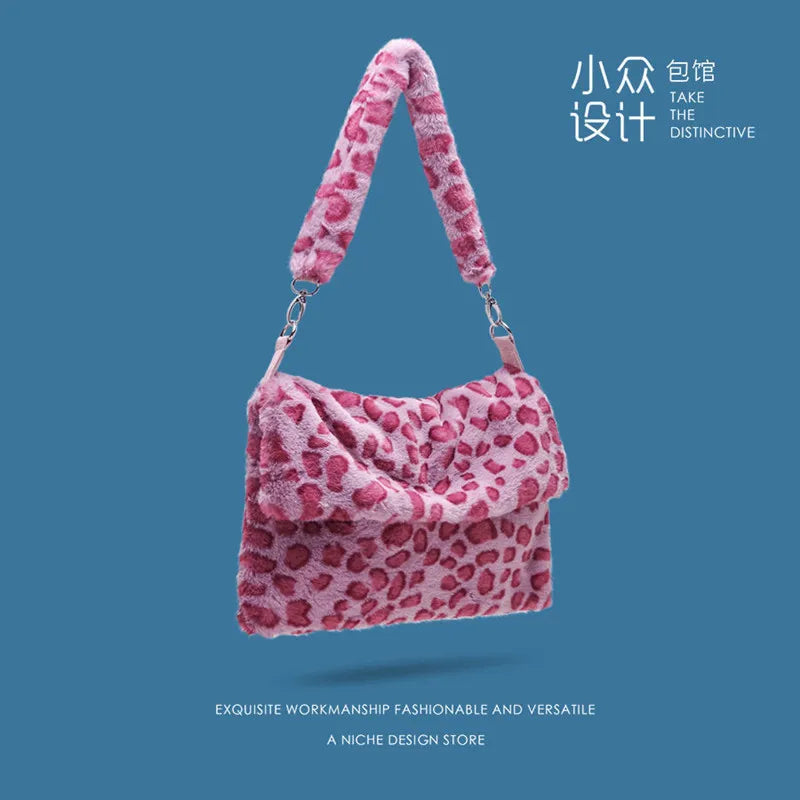 Lovely Plush Shoulder Bag Female Leopard Pink Bag