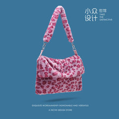 Lovely Plush Shoulder Bag Female Leopard Pink Bag
