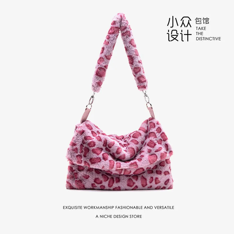 Lovely Plush Shoulder Bag Female Leopard Pink Bag