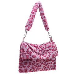 Lovely Plush Shoulder Bag Female Leopard Pink Bag
