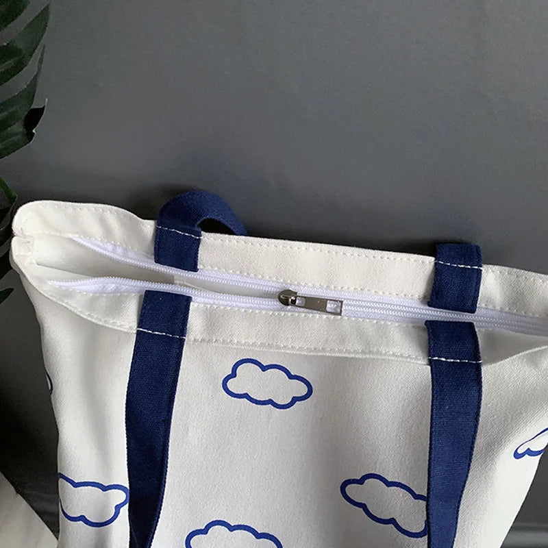 Clouds Printing Canvas Tote Bag with Zipper