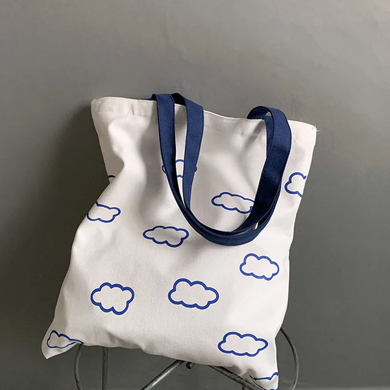 Clouds Printing Canvas Tote Bag with Zipper