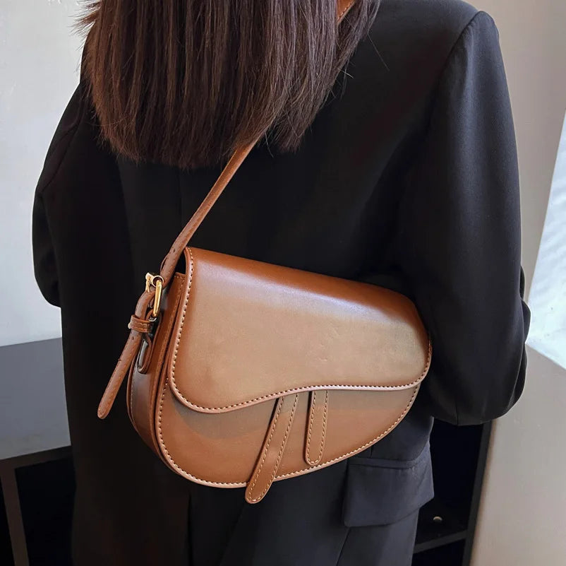 Ins Women's Retro Niche Shoulder Bag Female PU Saddle Bag Handbag