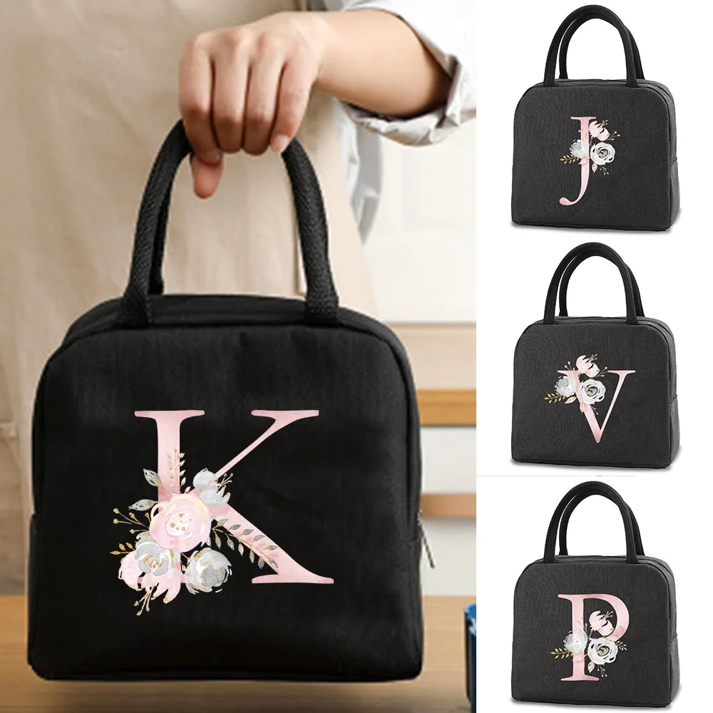 Insulated Lunch Box Pink Flower Letter Print Cold Food Cooler Thermal Bag