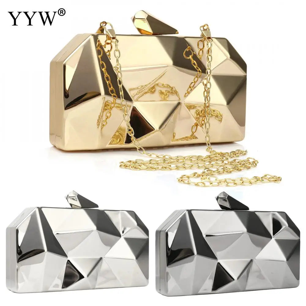 Geometry Pattern Clutch Silver Evening Bag Chain Strap Wallet Pouch