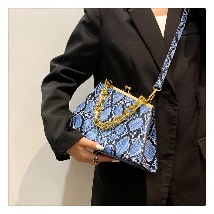 Snake Pattern Triangle Shoulder Purse Chains Women Handbag