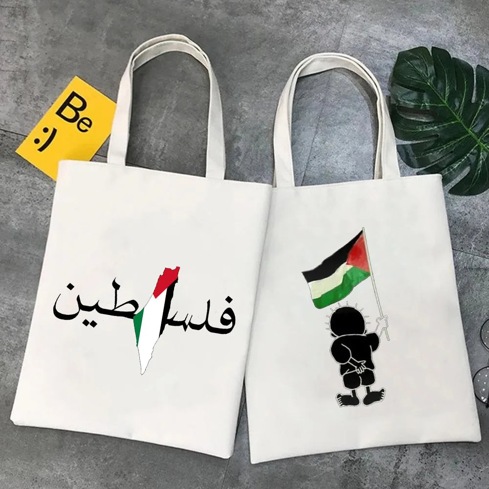 Jerusalem Map Flag Heart Al Aqsa Mosque Arabic Women Canvas Tote Bag