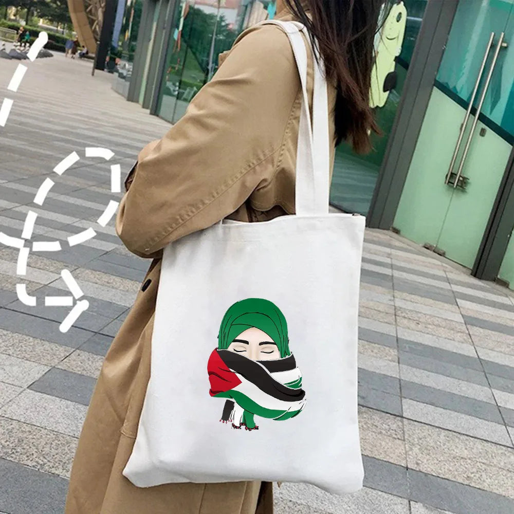 Jerusalem Map Flag Heart Al Aqsa Mosque Arabic Women Canvas Tote Bag