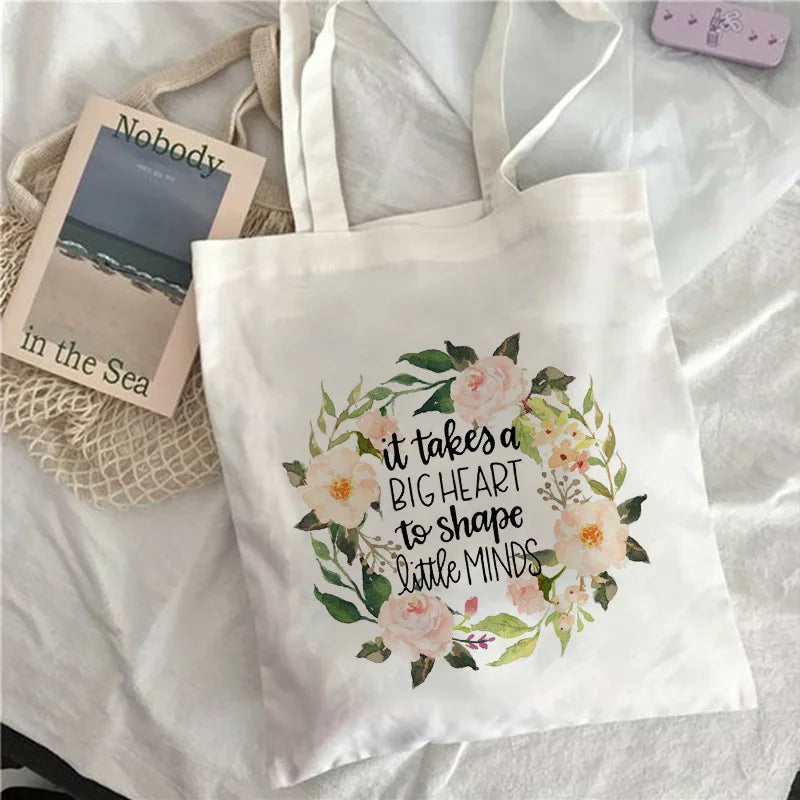 Teacher Life Canvas Shopping Tote Bag Reusable Shoulder Book Bag