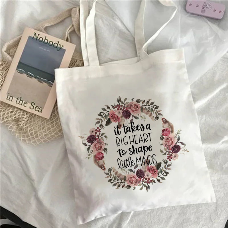 Teacher Life Canvas Shopping Tote Bag Reusable Shoulder Book Bag
