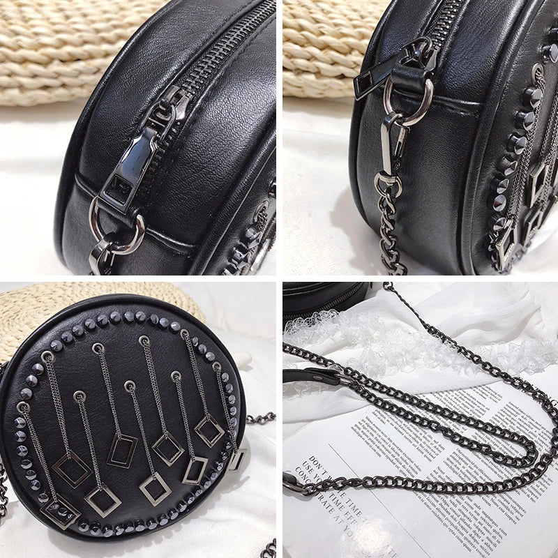 Punk Rivet PU Leather Crossbody Bags Round Chain Purse