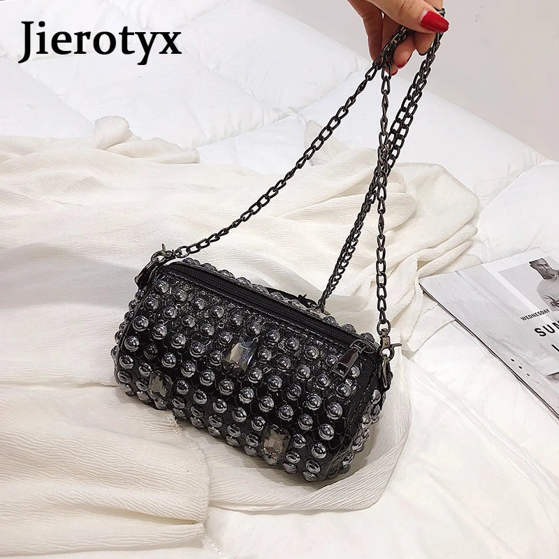 Rivet Women Messenger Bag with Chain Shoulder, Punk Style Crossbody Purse