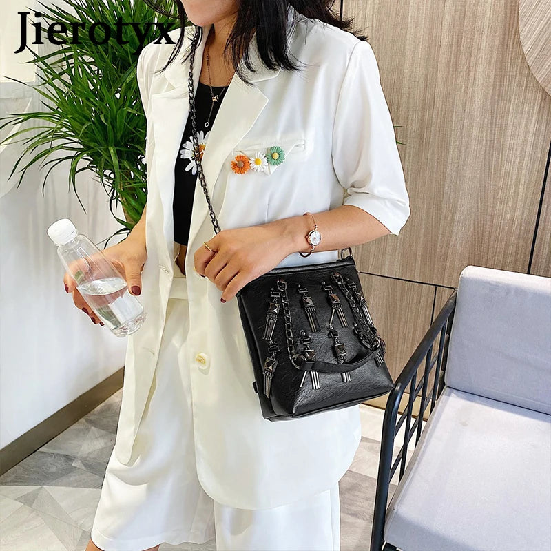 Retro Rivet Tassel Shoulder Bag for Women Chain Small Bag