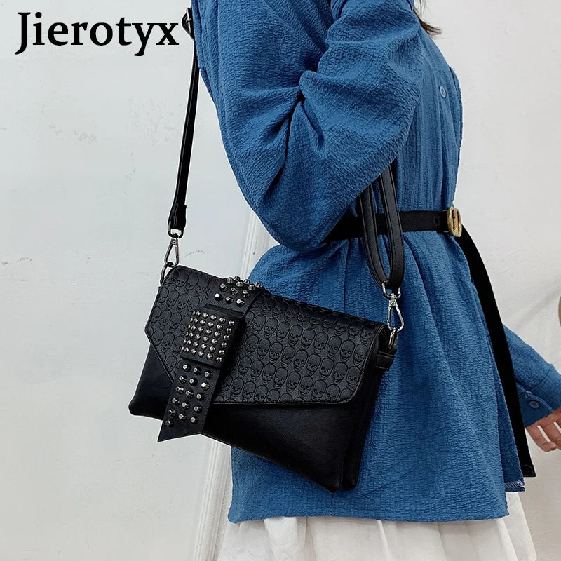 Vintage Skull Print Womens Handbags Flap Shoulder Bag Punk Rivet Lady Bags