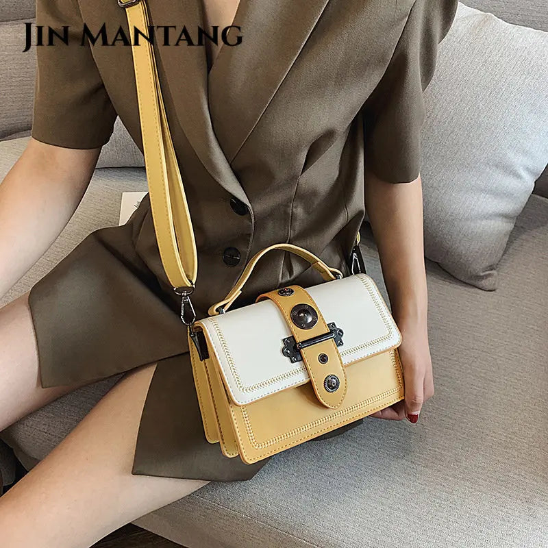 Women Square Tote Bag Contrast PU Leather Handbags