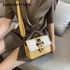 Women Square Tote Bag Contrast PU Leather Handbags