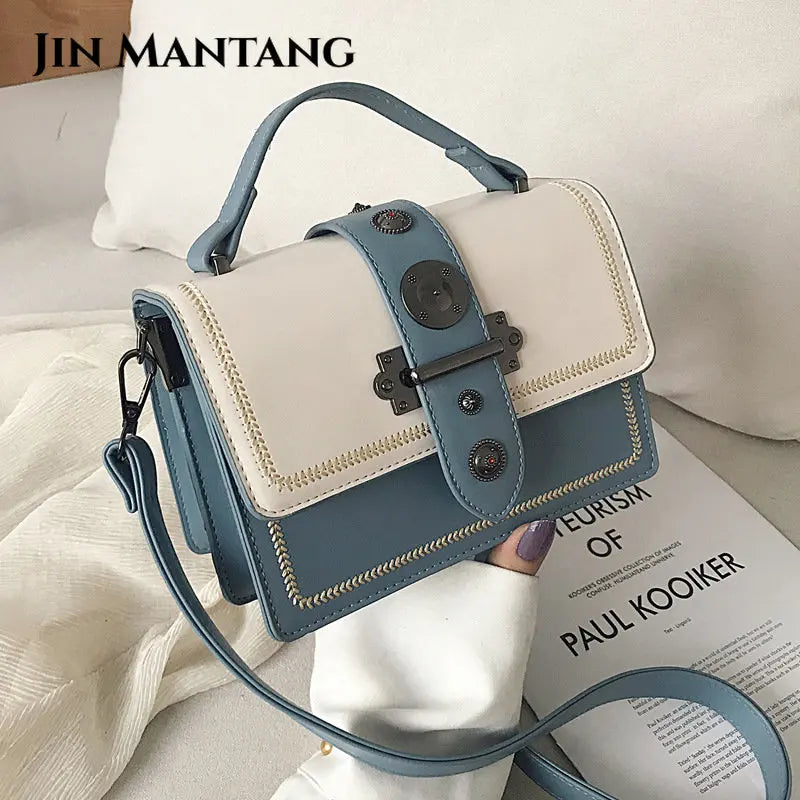 Women Square Tote Bag Contrast PU Leather Handbags