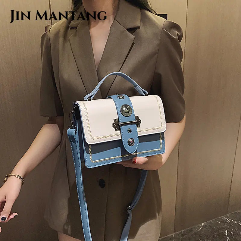 Women Square Tote Bag Contrast PU Leather Handbags
